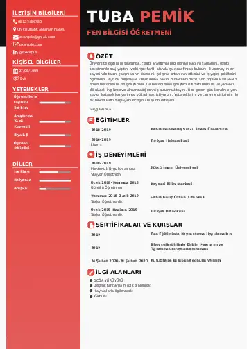 Fen Bilgisi Öğretmeni CV Örnekleri cv indir